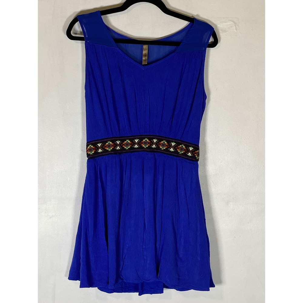 Entro Large Blue Embroidered Aztec Boho Mini Dress Indie Festival Hippie